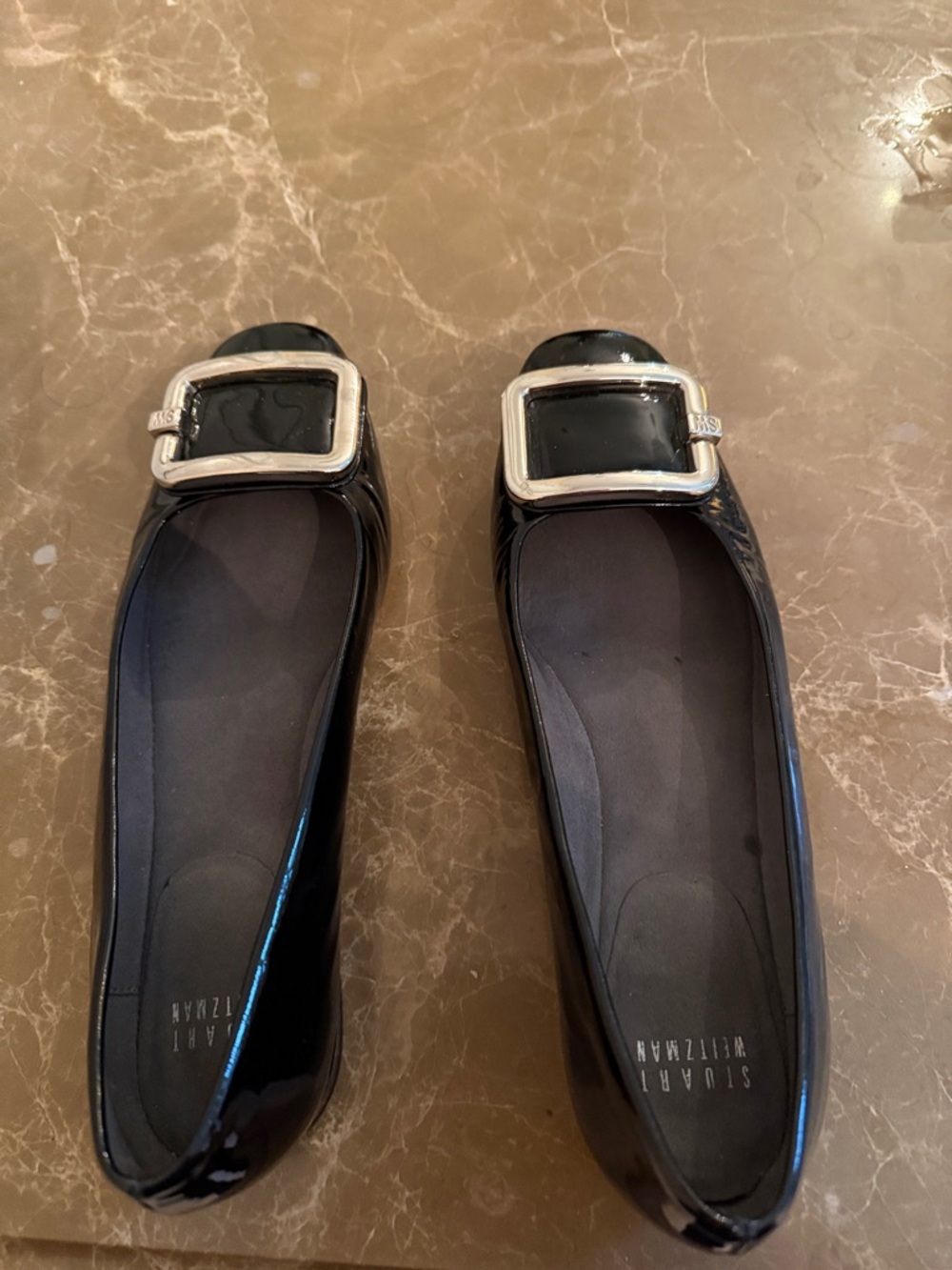 Stuart Weitzman Black Patent Flats with Silver Buckle. Like New! Size 6.5